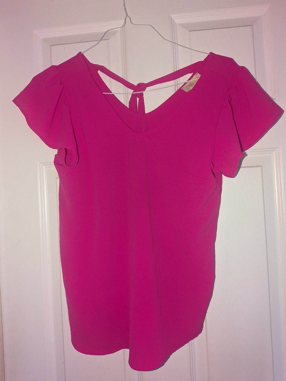 Hot Pink V-Neck Tie-Back Flutter Sleeve Blouse